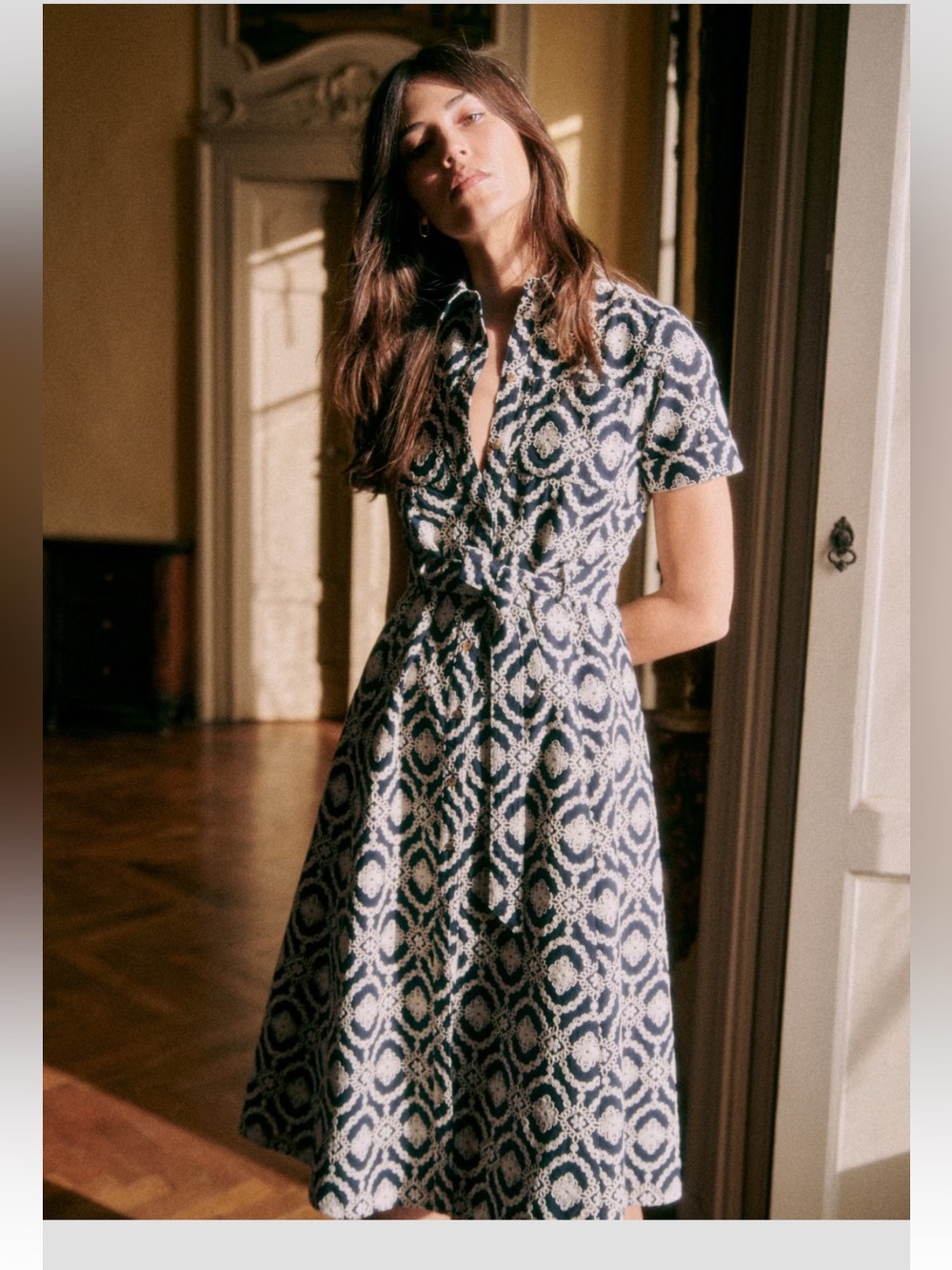 NWOT Sezane Adele Dress Marine Blue with Ecru Embroidery EU size 42 / US 10